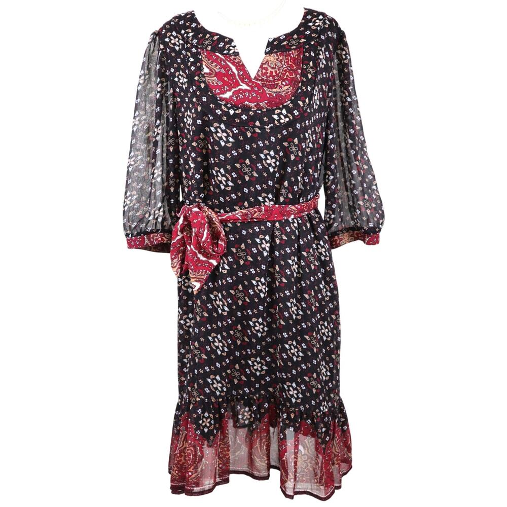 Riley & James Paisley Dress 3/4 Sleeves Boho Belted Midi Black Red Tiered Medium